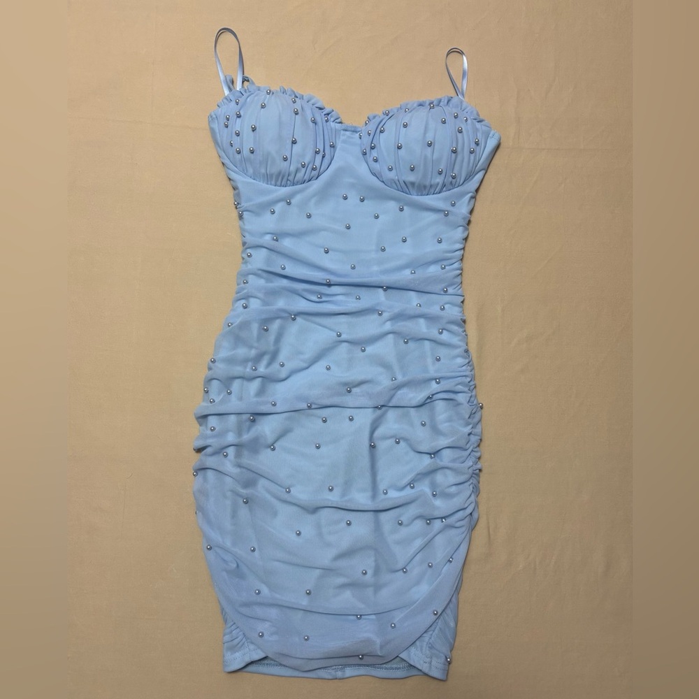 NWT Windsor Juniors Women's Light Blue Beaded Ruched Bodycon Dress Size Large